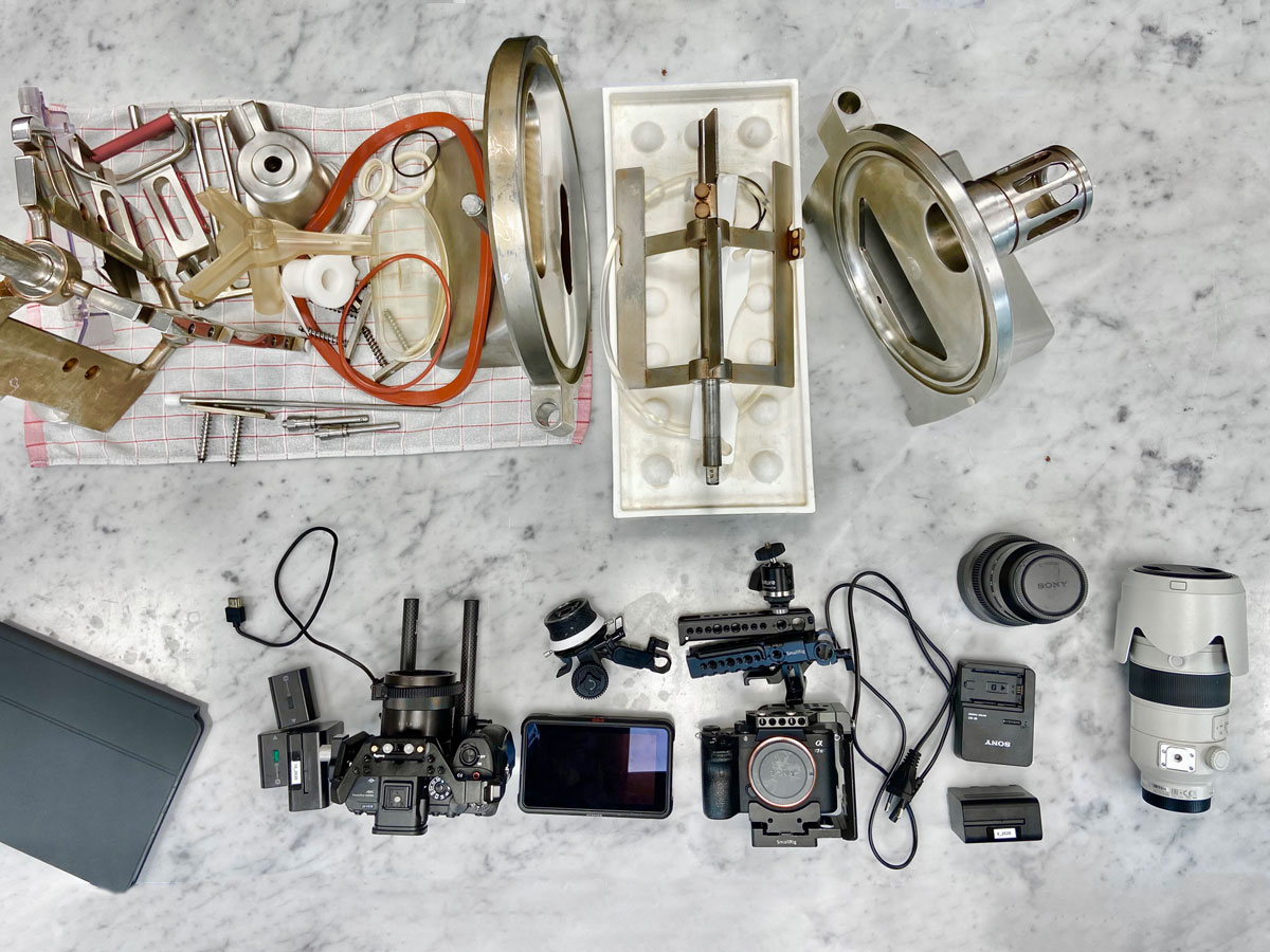 Camera gear on a table in the bakery