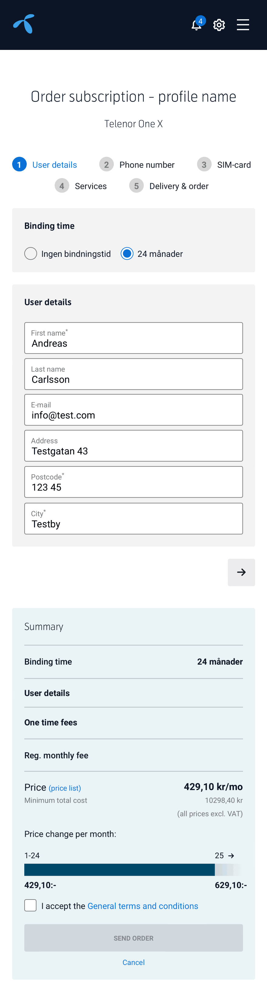 Ordering subscriptions on a smartphone